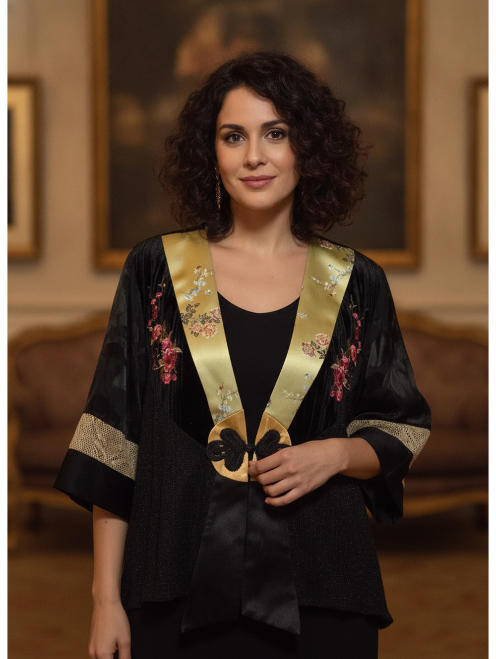 Vintage Spencer Alexis Black Satin Floral Embroidered Kimono Jacket Size L